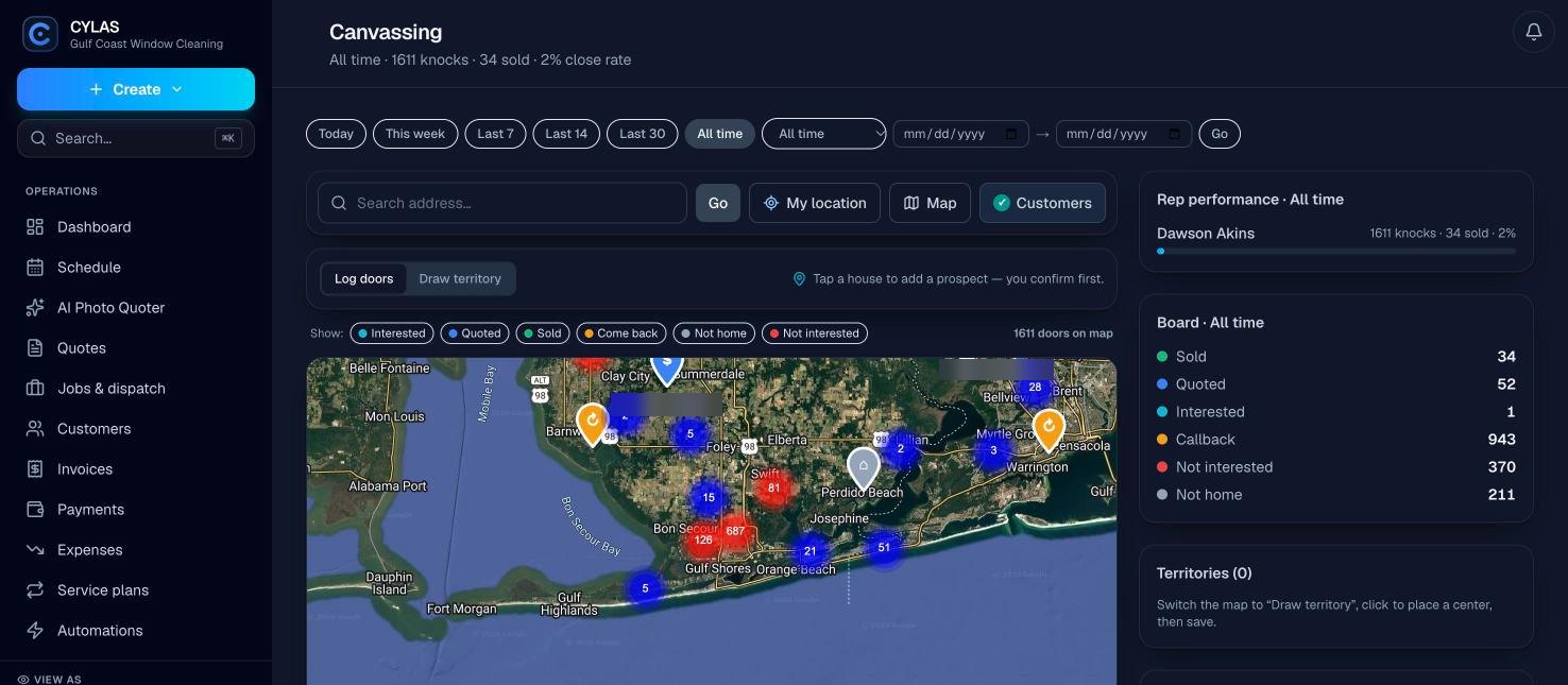 CYLAS canvassing map with 1,611 logged doors across Baldwin County